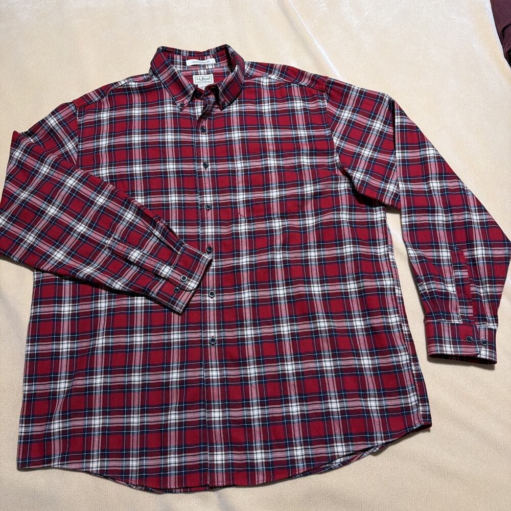 L.L. Bean Flannel Shirt Mens XL Red Plaid Traditional Fit Cotton Soft Comfy